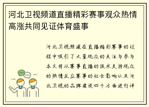 河北卫视频道直播精彩赛事观众热情高涨共同见证体育盛事