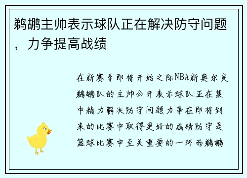 鹈鹕主帅表示球队正在解决防守问题，力争提高战绩